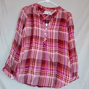 Michael Stars Pink and Red Plaid V-Neck Blouse